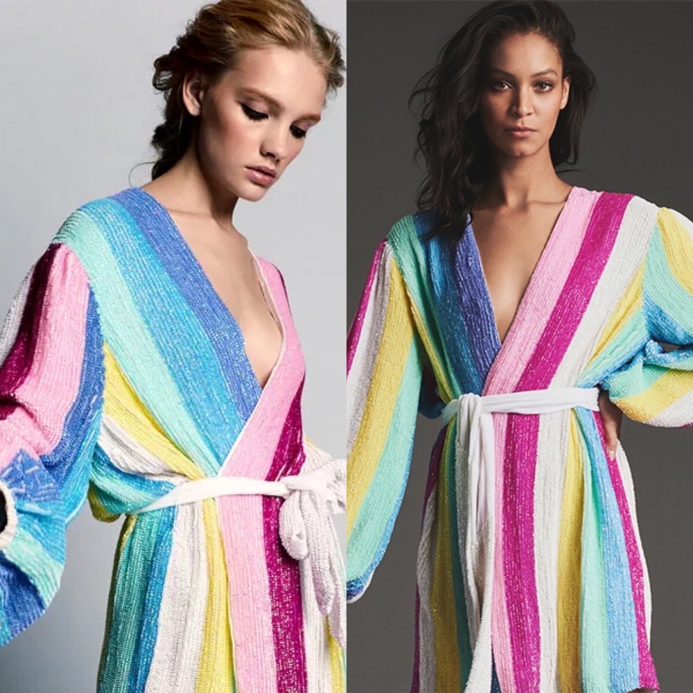 Retrofete Gabrielle NWT Robe Wrap Dress Unicorn Stripe Rainbow Sequin - Picture 4 of 12